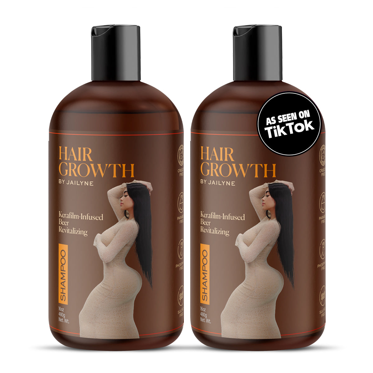 Two bottles of Hair Growth Shampoo by Jailyne shown front-facing with TikTok badge