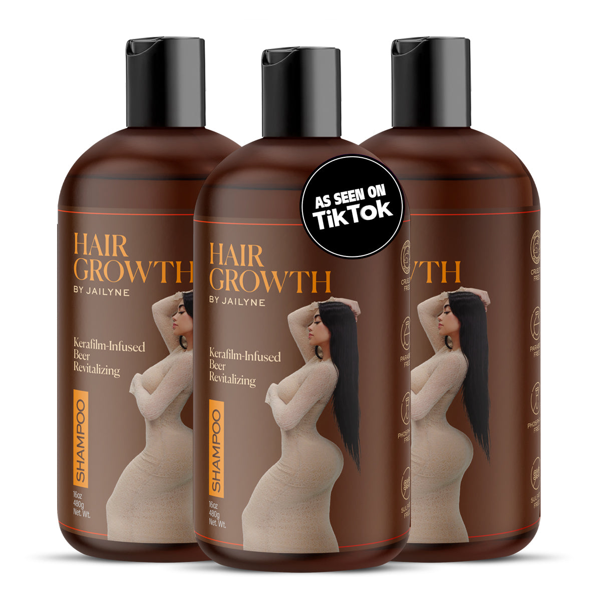 Three bottles of Hair Growth Shampoo by Jailyne displayed together with TikTok badge