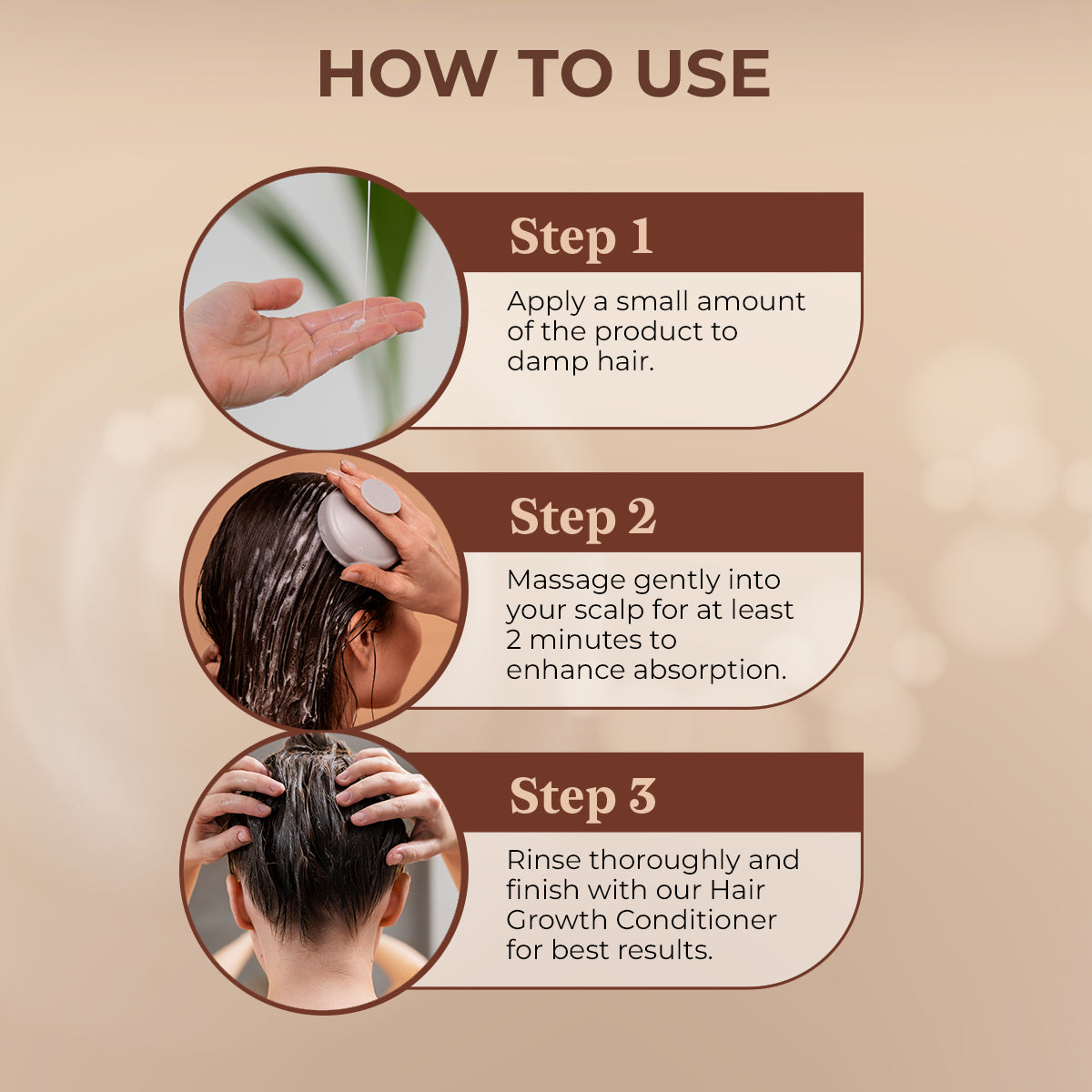 Three-step instructions for using Hair Growth Shampoo by Jailyne with supporting images