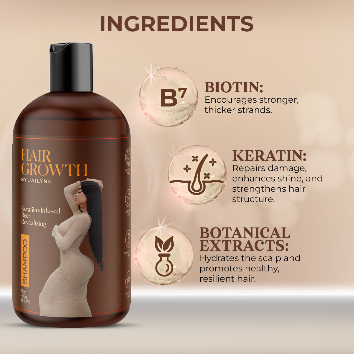 Hair Growth Shampoo by Jailyne with ingredient highlights: Biotin, Keratin, and Botanical Extracts
