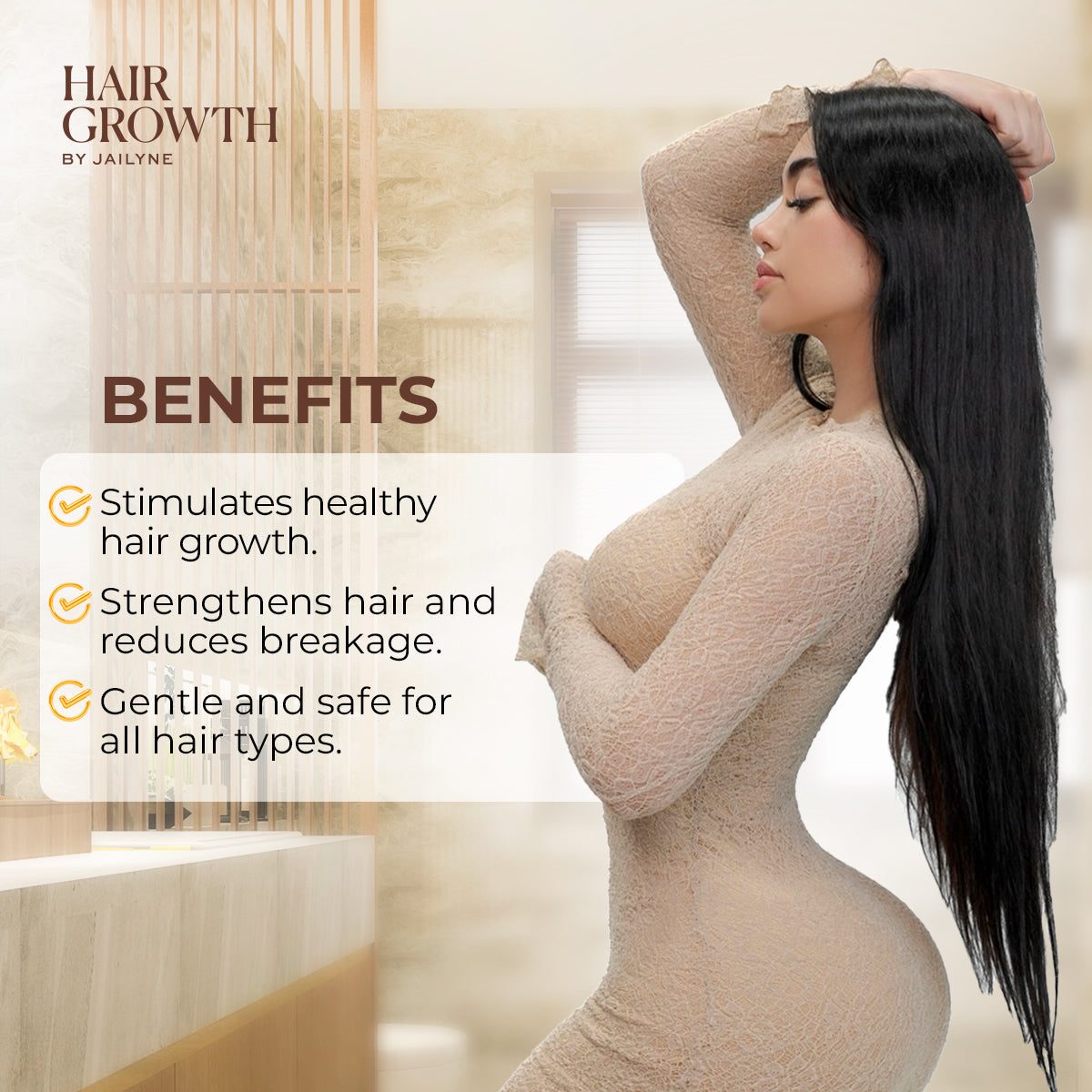 Woman with long hair highlighting the benefits of Hair Growth Shampoo by Jailyne in a bathroom setting
