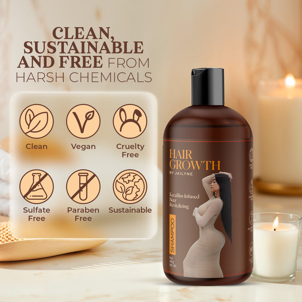 Hair Growth Shampoo by Jailyne bottle next to clean, vegan, cruelty-free, sulfate-free and sustainable icons
