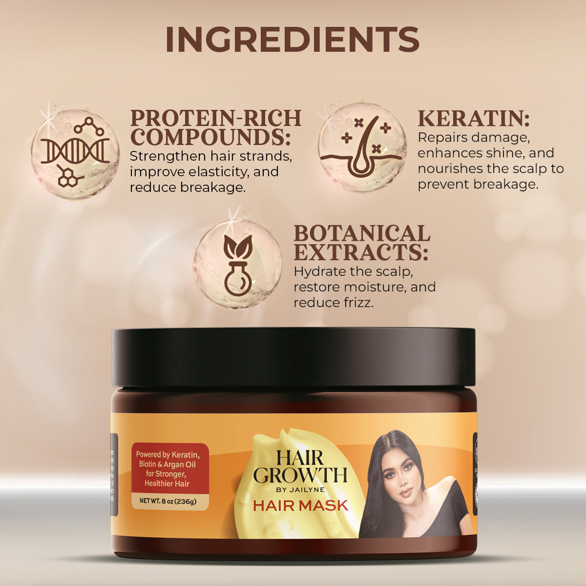 Hair Growth Mask by Jailyne - Key ingredients: protein-rich compounds, keratin, and botanical extracts.